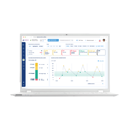 Otvorený notebook zobrazujúci stránku Glucocontro.online